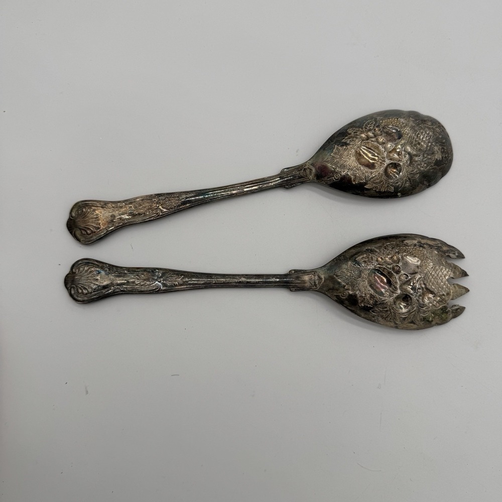 Antique FB Rogers Silver Plated Salad Serving Set Italy Fruit Pattern EPNS 9in - Picture 3 of 10